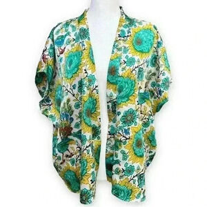 Floral Bird Print Satin-look Open Shawl Kimono Top